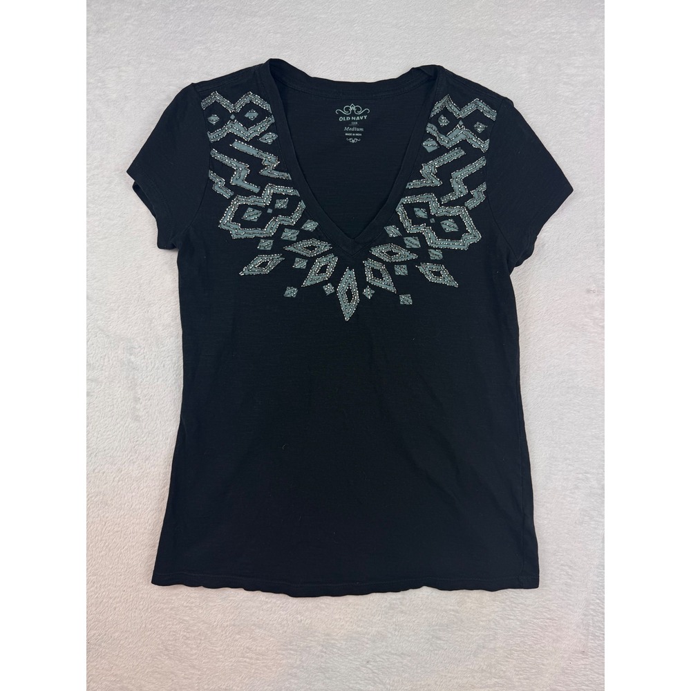 Vintage Old Navy Black Aztec Beaded V-Neck Short Sleeve Tee Shirt Womens Medium